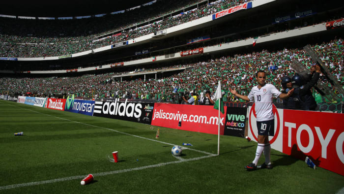 Landon Donovan is pelted by fans at a World Cup qualifier in Mexico